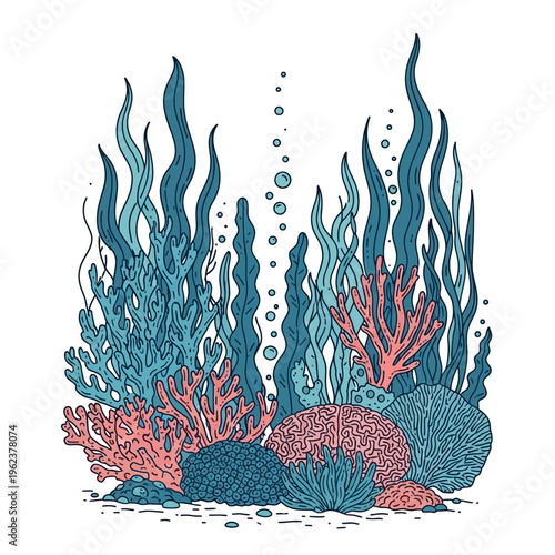 Vibrant underwater coral reef scene with diverse sea plants and colorful corals