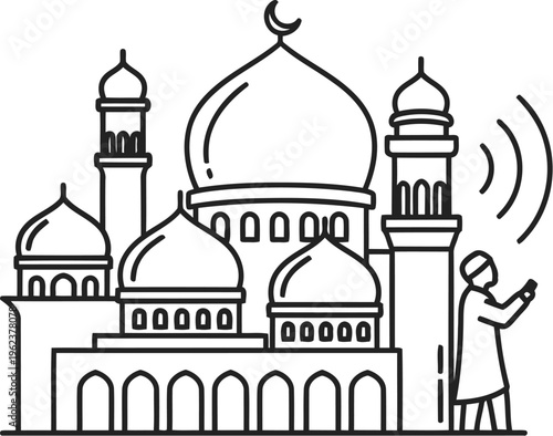 A minimalist black and white line art illustration depicting a mosque and a person calling adhan
