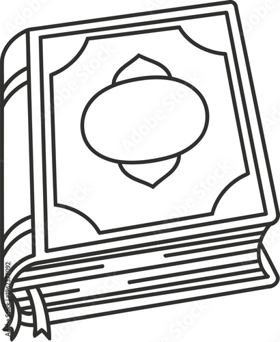 A simple black and white line art illustration of a closed holy quran book on a plain background