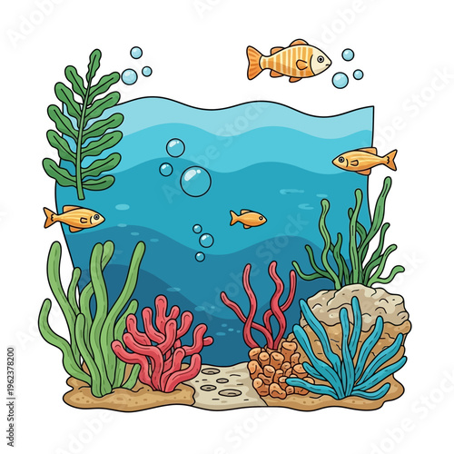 Vibrant underwater scene with colorful fish, coral, and seaweed in clear blue water