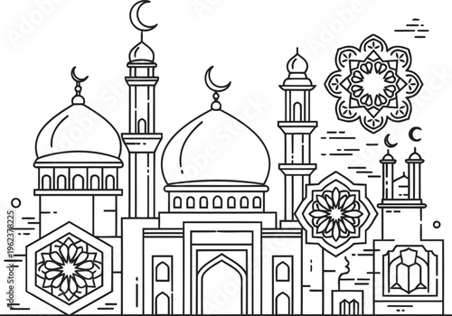 A detailed line art illustration of an islamic mosque featuring intricate geometric patterns