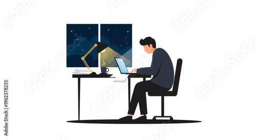 Man working late at night on computer.