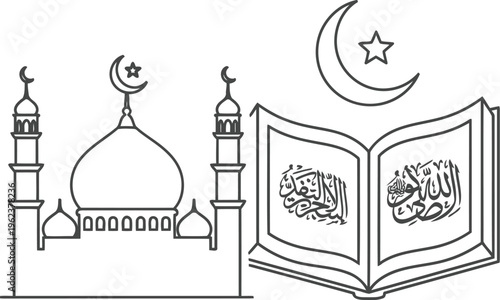 A simple black and white line art illustration featuring a mosque next to an open holy quran book