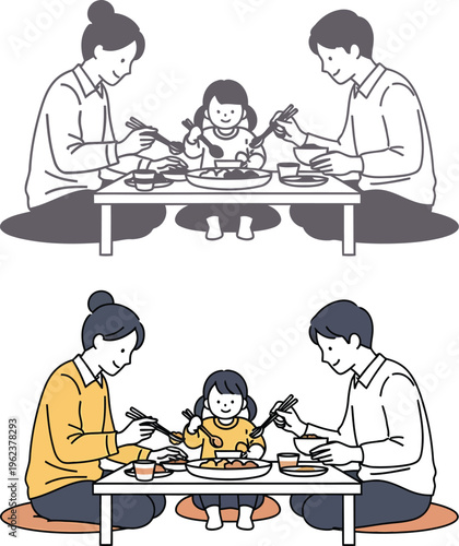 A happy family of three eating a delicious meal together while sitting on floor cushions at home