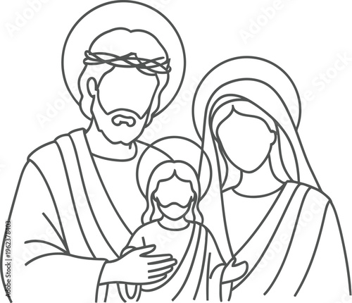 A black and white line art illustration of the holy family featuring jesus mary and joseph.
