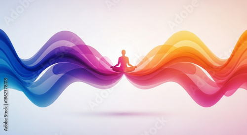 Person meditates on colorful wavy lines symbolizing balance and harmony in a serene environment with vibrant gradient hues