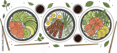 Vector set of healthy poke bowls with fresh salmon avocado grilled beef and eggs served with chopsticks and soy sauce for asian food menu.