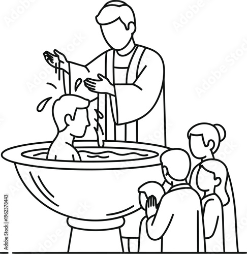 A black and white line art illustration showing a priest performing a holy baptismal ceremony.