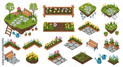 Isometric spring garden scene with blooming flowers, stone path, pots, and bench, featuring a 3D vector illustration of a colorful backyard garden