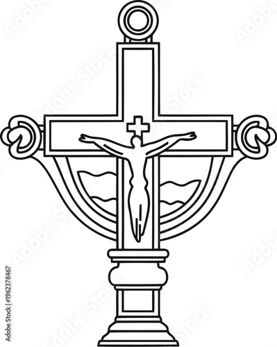 A detailed black and white line art illustration of a christian crucifix with a decorative base