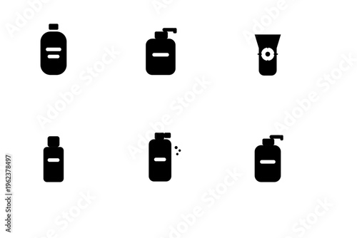 Black icons of cosmetic skincare product bottles and tubes on white background for beauty and wellness concept