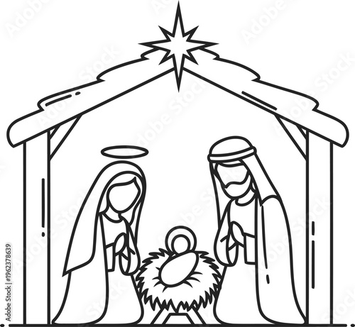 A simple black and white line art illustration of the traditional christian christmas nativity scene