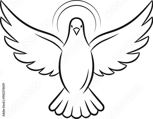 A simple black and white line art illustration featuring a holy dove with a halo above its head.