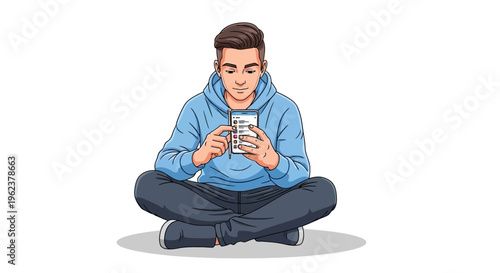 Young man sitting cross-legged using smartphone.