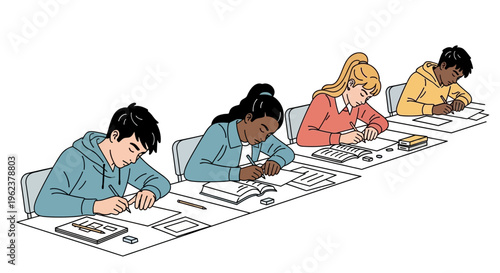 Four diverse students taking a test.