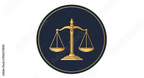 Golden scales of justice on a dark blue background with a thin gold border symbolizing law and order