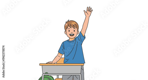 A young boy raising his hand in class.