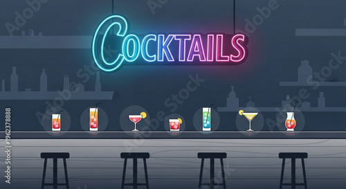 Colorful cocktails on a dimly lit bar with stools and a neon sign