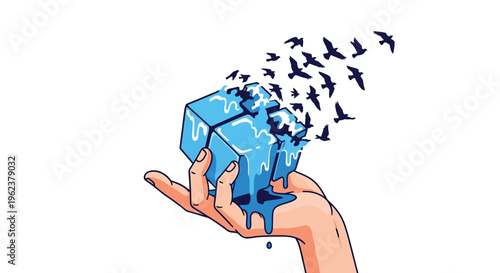 A hand releasing birds from a melting blue cube