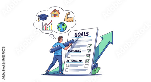 Man setting goals and priorities checklist.
