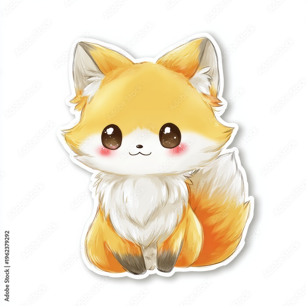 Fototapeta premium Kawaii Style Fox Sticker Design Features Fluffy Tail and Big Shiny Eyes, Warm Orange and White Tones in Simple Illustration