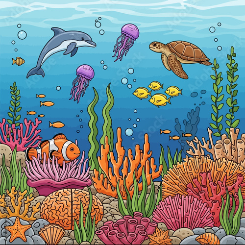 Vibrant Coral Reef Ecosystem with Dolphin, Turtle, Jellyfish, and Fish