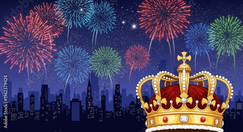 Golden crown with red jewels under colorful fireworks display in night cityscape with vibrant skyline