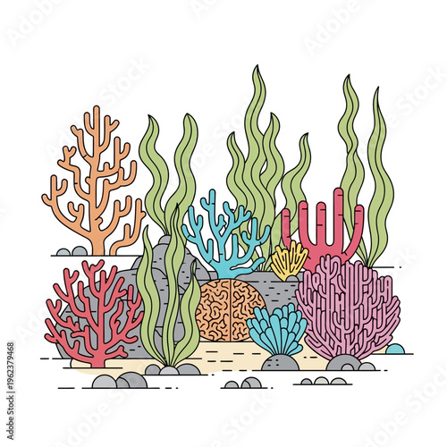 Vibrant coral reef with diverse marine life and underwater plants
