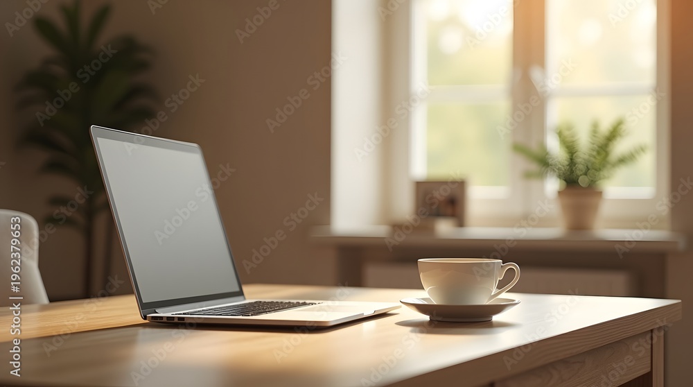 Fototapeta premium Minimal Workspace with Laptop and Porcelain Tea Cup in Warm Light