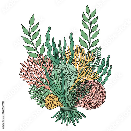 Vibrant underwater bouquet of coral, seaweed, and shells, marine life illustration