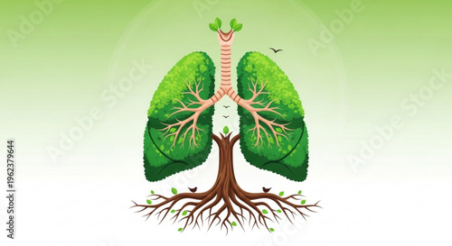 Healthy lungs with green leaves and tree roots on white and green gradient background symbolizing clean air and nature