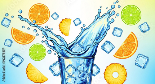 Refreshing glass of water with ice cubes and slices of orange lime and pineapple perfect for summer drinks and hydration