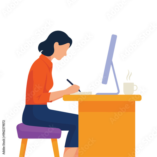 Woman sitting at desk with computer and writing