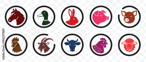 Farm Animal Heads Icons Set Livestock and Poultry Silhouettes in Circle Frames for Agriculture and Food Design