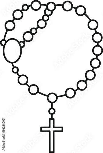 A simple black and white line art illustration of a traditional catholic rosary with a crucifix