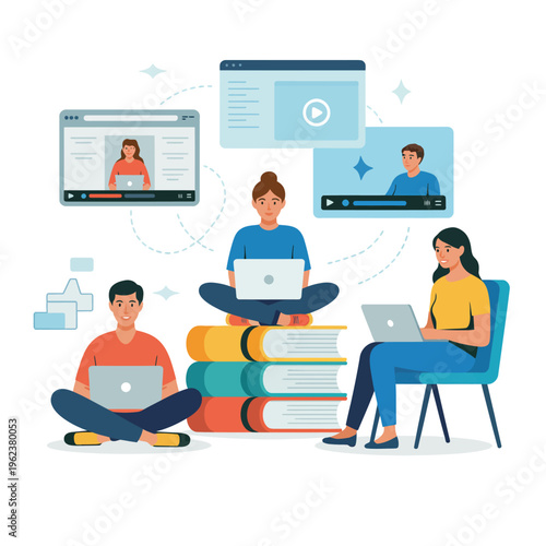 People using laptops for online learning and video conferencing together