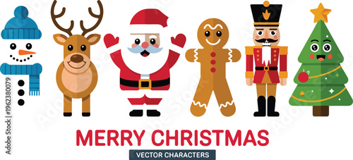 Set of happy Christmas characters including Santa Claus and snowman, festive holiday cartoon collection in colorful flat vector illustration style