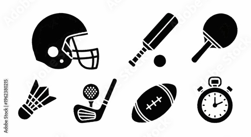 Sports equipment icons including helmet, ball, and clock on white background Whisk ywzzkzn2qwnzkdnj1yyivmytmwmlrtl2egow0iz