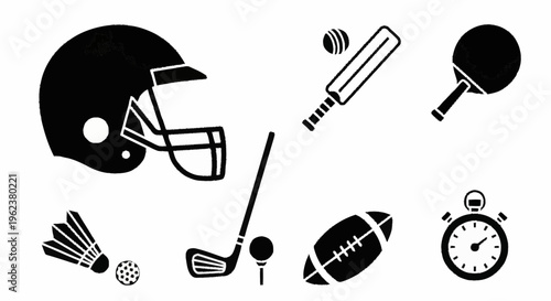 Various sports equipment icons including helmet, cricket bat, and football on white background Whisk_utm4ctnzezy4iwmw0symztotuwnwqtl5izmm1iy