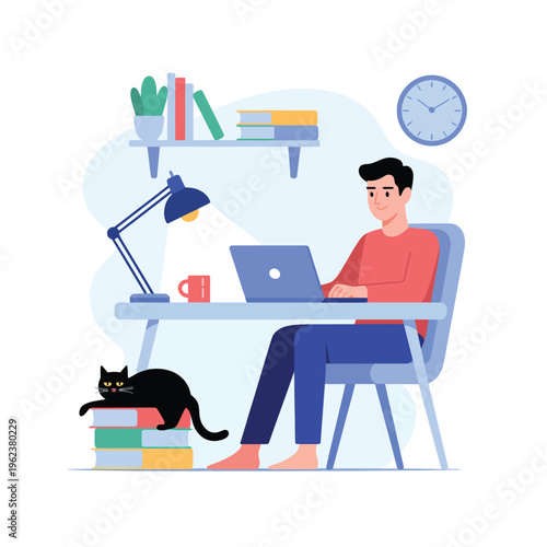 Man working on laptop with cat at home office desk