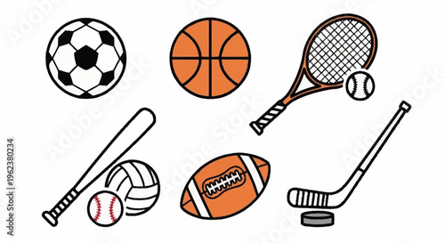 Various sports equipment and balls are illustrated in a lively and colorful graphic.