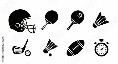 Sports icons including football helmet and ball, ping pong, badminton, golf, and timer on white background.