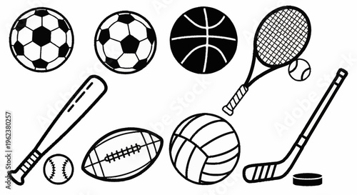 Various sports equipment and balls are illustrated in black on a white background for design.