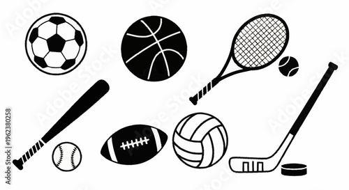 Various sports equipment and balls in a single composition illustration