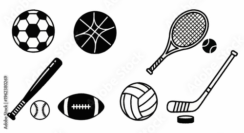 Sports equipment icons including soccer ball and tennis racket on white background Whisk ejm1mznwmdmivgmi1szlrdotytn5qtljrtm50in