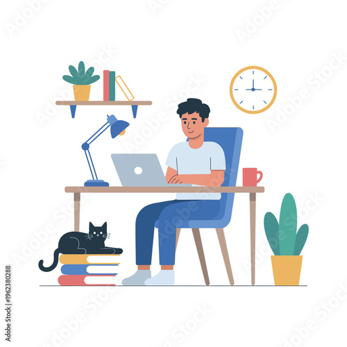 Man working on laptop at desk with cat and plants around him