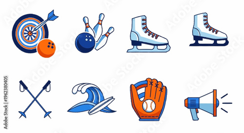 A colorful illustration set of various sports equipment and leisure activities icons on white background Whisk
