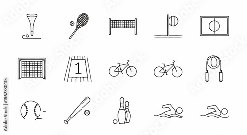 Various sports icons and equipment for fitness activities are displayed.