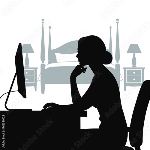 Silhouette of woman working on computer in bedroom at night