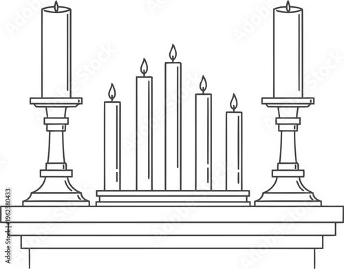 A black and white line art illustration showing a collection of lit candles on a fireplace mantel